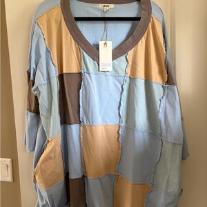 NWT BlueVelvet Patchwork Tunic Top in Light Blue and Tan